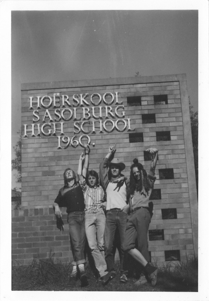 Johannes Kerkorrel and friends pictured on the last day of school outside Sasolburg High.  Used with the kind permission of Dr. Wes Ingram.